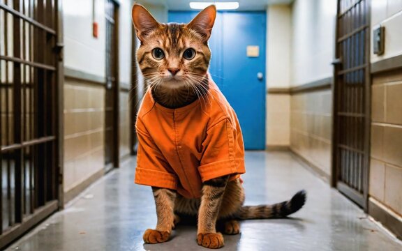 Ce chat v&ecirc;tu d'une combinaison orange assis en silence, son regard fixe et r&eacute;sign&eacute;.
