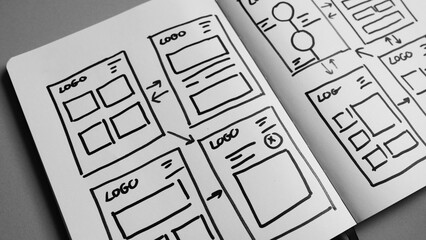 Draft sketch drawing template layout framework wireframe. User experience concept.