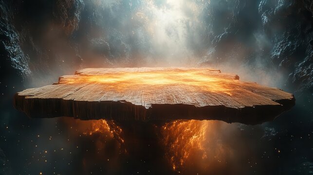 quantum realm wooden table floating in void subatomic particles swirl around its edges microscopic landscapes form on its surface timespace distortions ripple through the grain