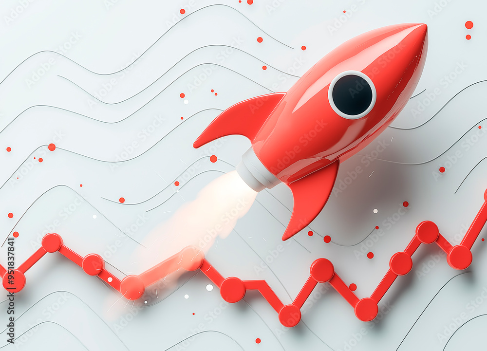 Poster Red rocket launching over a graph on a light background in a creative abstract style.