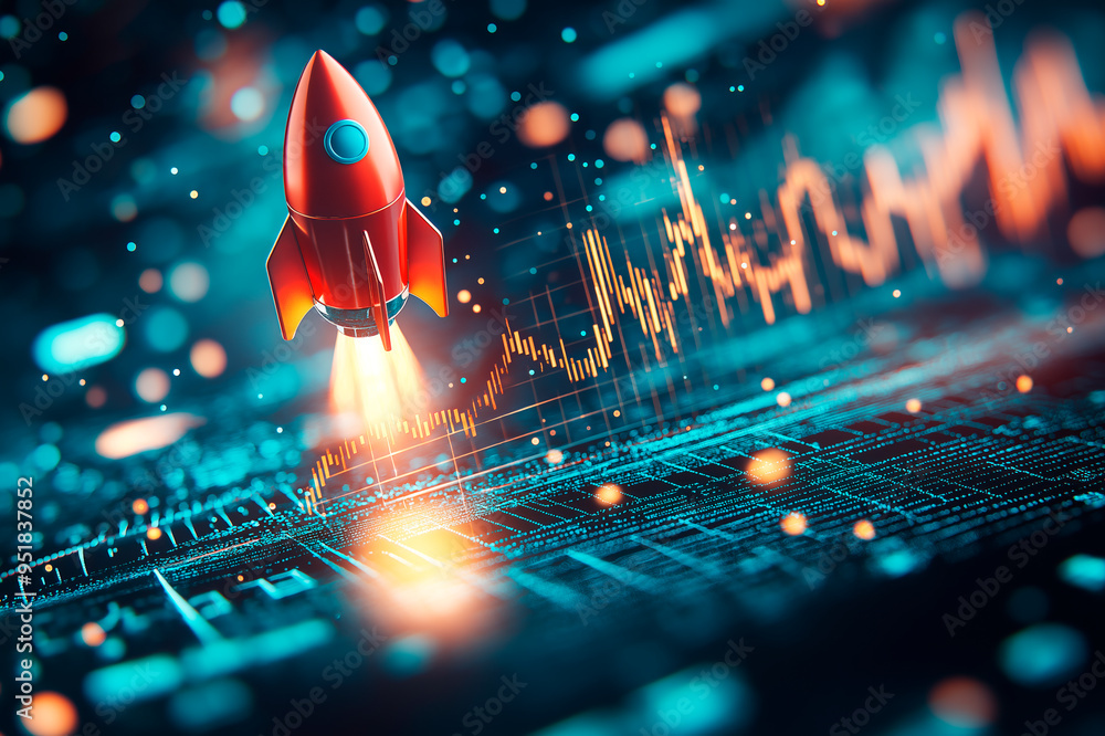 Poster red rocket launching with financial data visualization on a digital background, concept of growth an