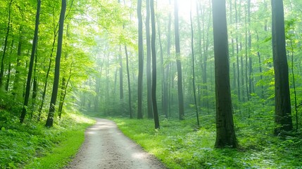 Obraz premium Morning hike in a foggy forest, path surrounded by towering trees, serene atmosphere with soft sunlight