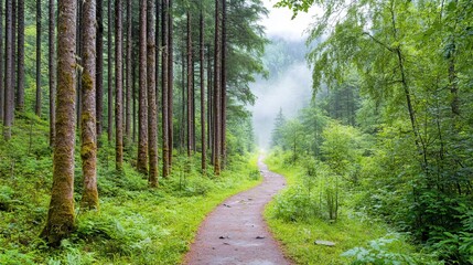 Obraz premium Morning hike in a foggy forest, path surrounded by towering trees, serene atmosphere with soft sunlight