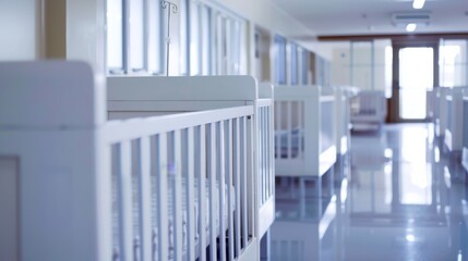 Naklejka premium A bright, clean nursery room with empty white cribs aligned neatly along the hallway, exuding a sense of calm and order.