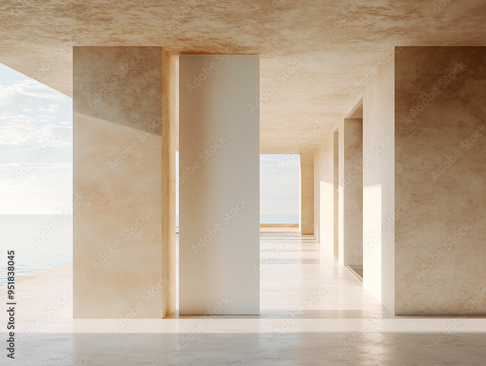 Poster Minimalist architectural structure with large pillars and open sea view.
