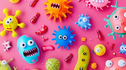 A vibrant assembly of quirky, colorful microbes on a pink background, each with expressive faces and unique shapes, creating a playful, science-inspired scene.