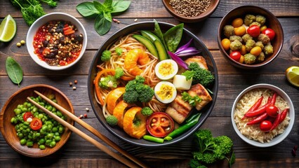 Aromatic Vegan Noodle Bowl with Assorted Sides, Asian Cuisine, Vegetarian, Healthy, Dinner