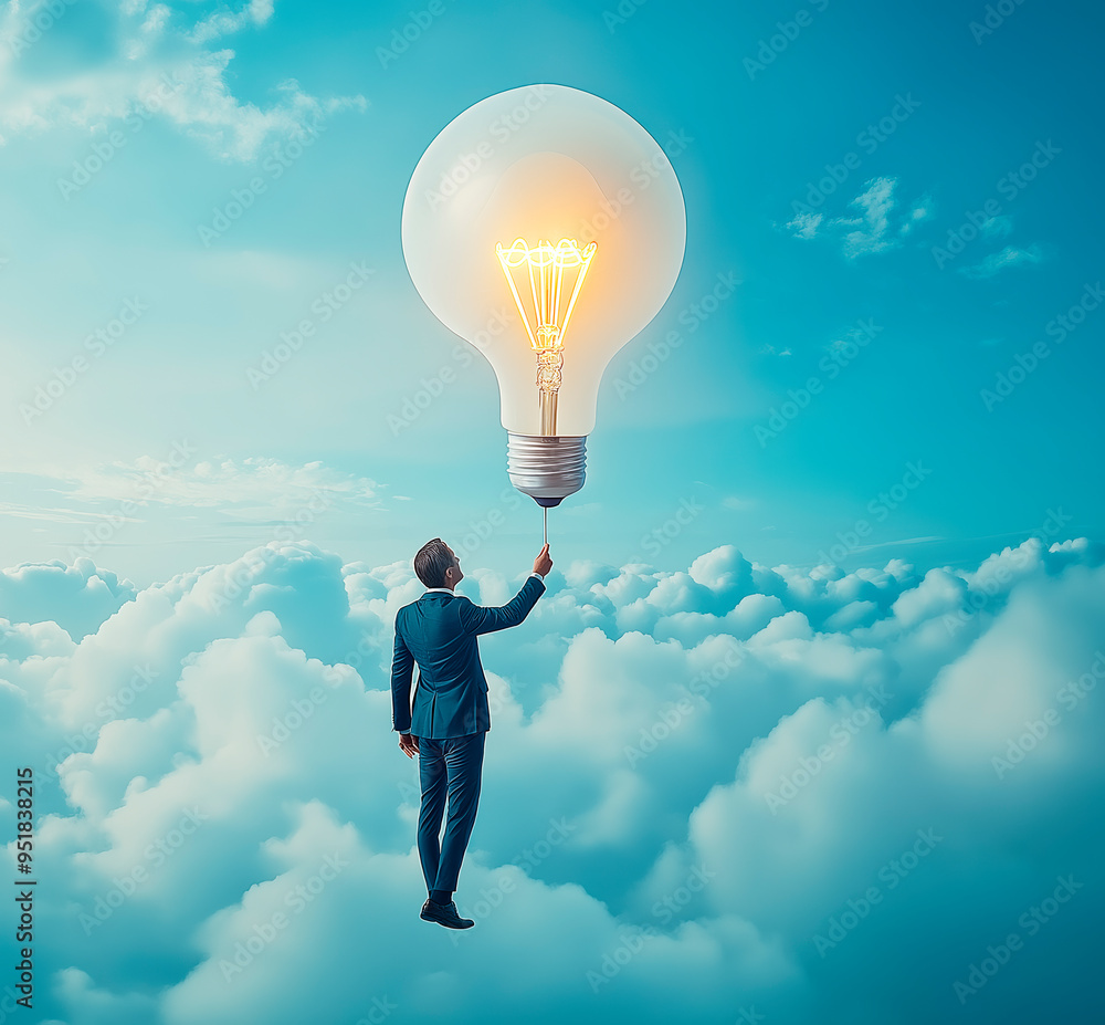 Poster man in suit floating in the sky holding a giant lightbulb, symbolizing creative ideas and solutions.