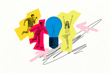 Creative collage picture young woman man skater celebrate success conclusion lightbulb lamp idea...