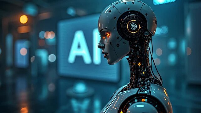 Exploring advanced artificial intelligence technologies in a futuristic urban environment with elements of robotic design. Robot on the background of the text AI
