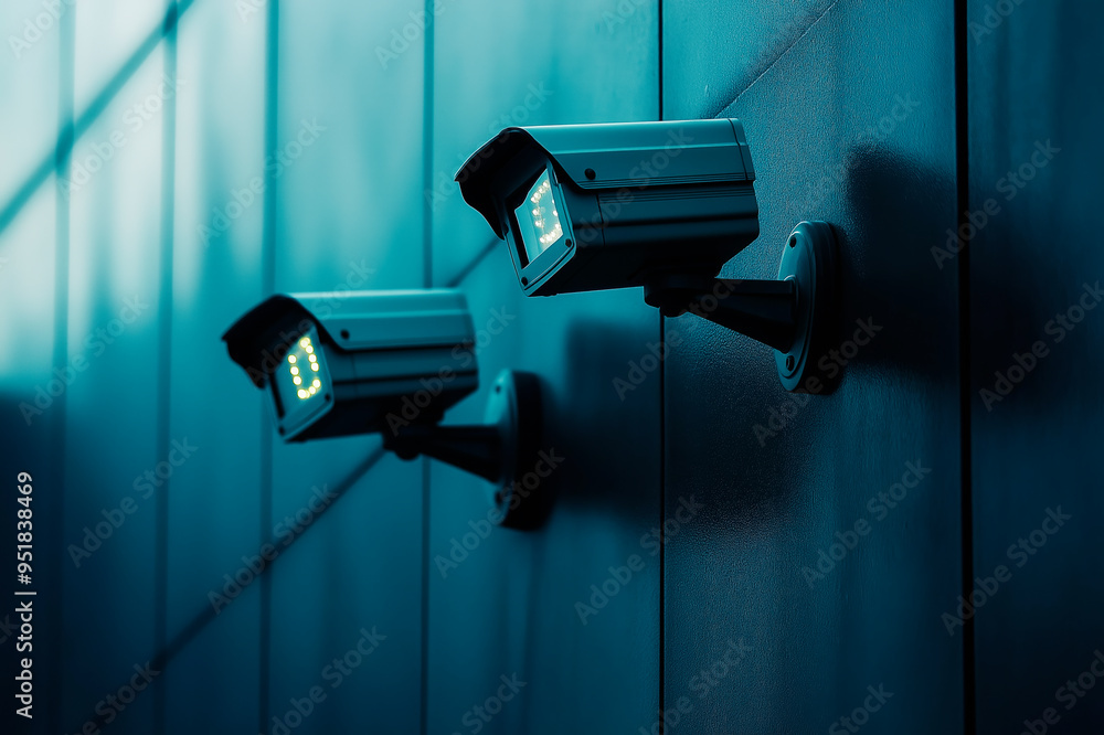 Poster two surveillance cameras mounted on a wall in a dimly lit environment, symbolizing security and moni