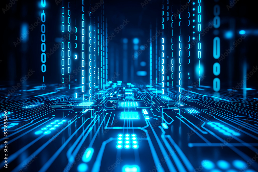 Aufkleber Futuristic Digital Landscape with Binary Code and Circuitry Background.