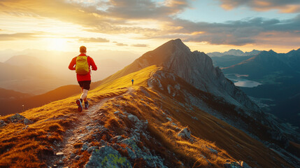 Trail Running Adventure: Man Running at Sunset in the Mountains with Golden Light