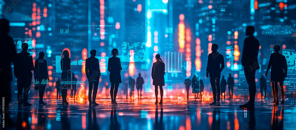 Poster silhouetted figures against a digital cityscape background with vibrant data visuals.