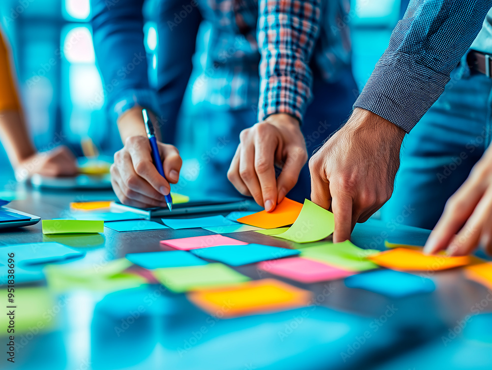 Aufkleber Hands of people collaborating on a project with colorful sticky notes on a table.