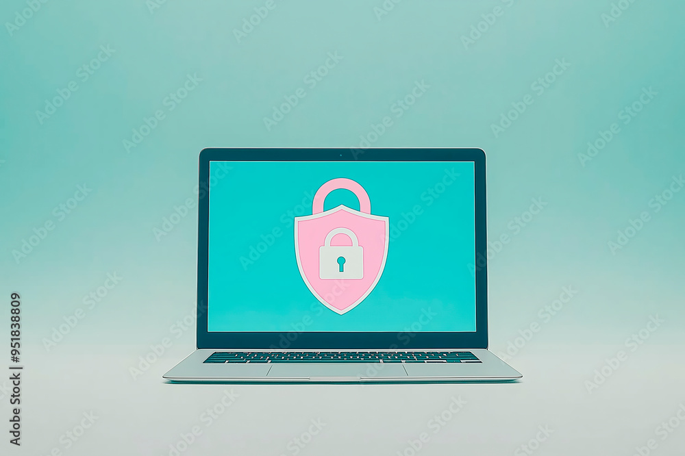 Aufkleber laptop displaying a lock and shield icon on the screen with a teal background.
