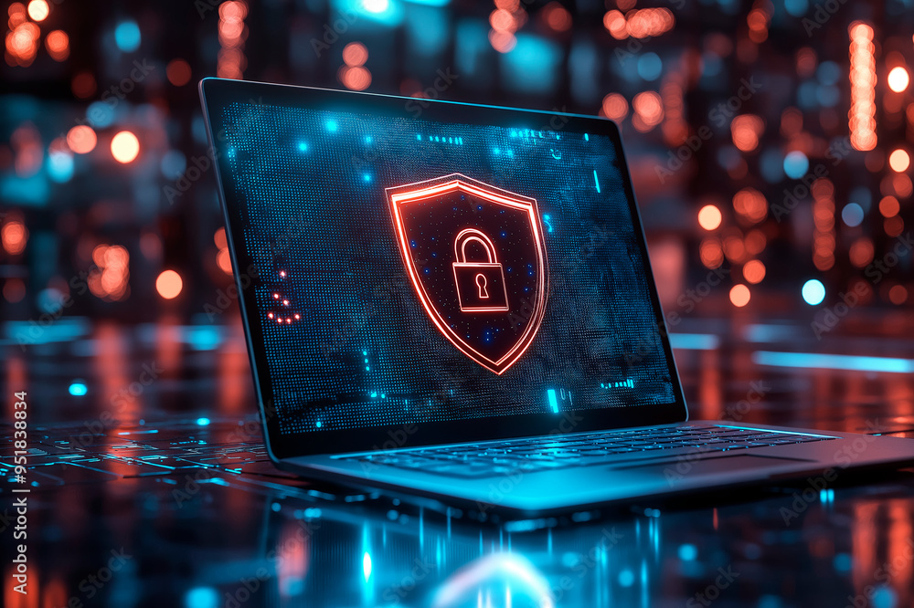 Poster Laptop with Cybersecurity Lock Icon on Screen in Digital Environment.