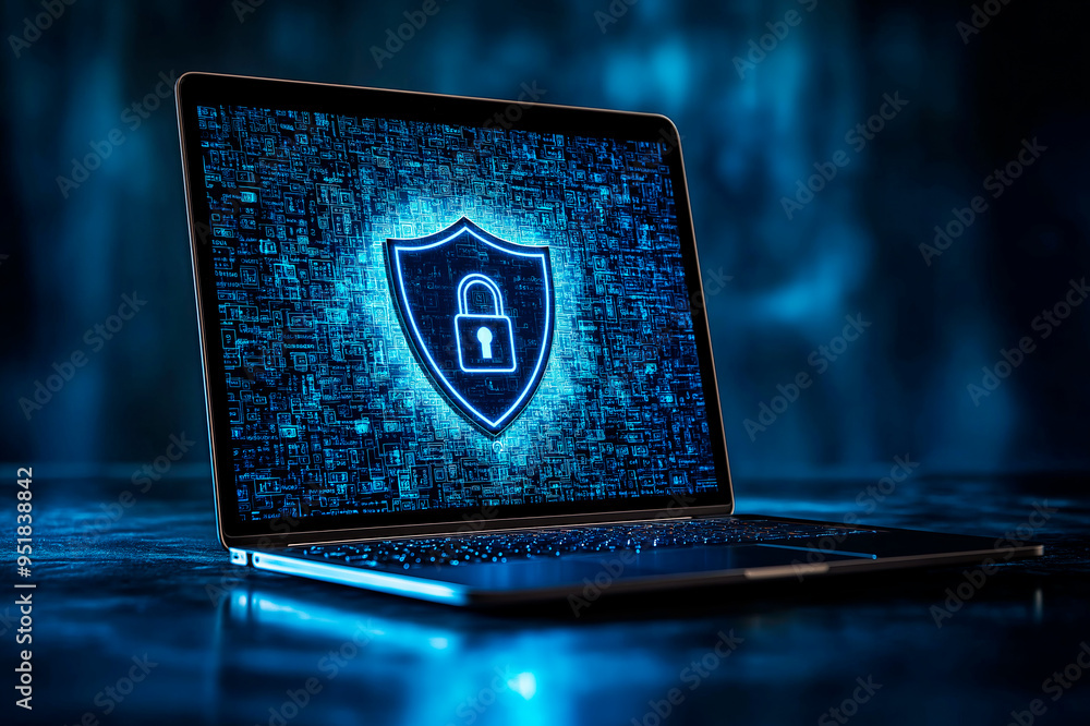 Aufkleber Bright view of a laptop screen displaying a shield and lock icon representing cybersecurity on a digital network background.