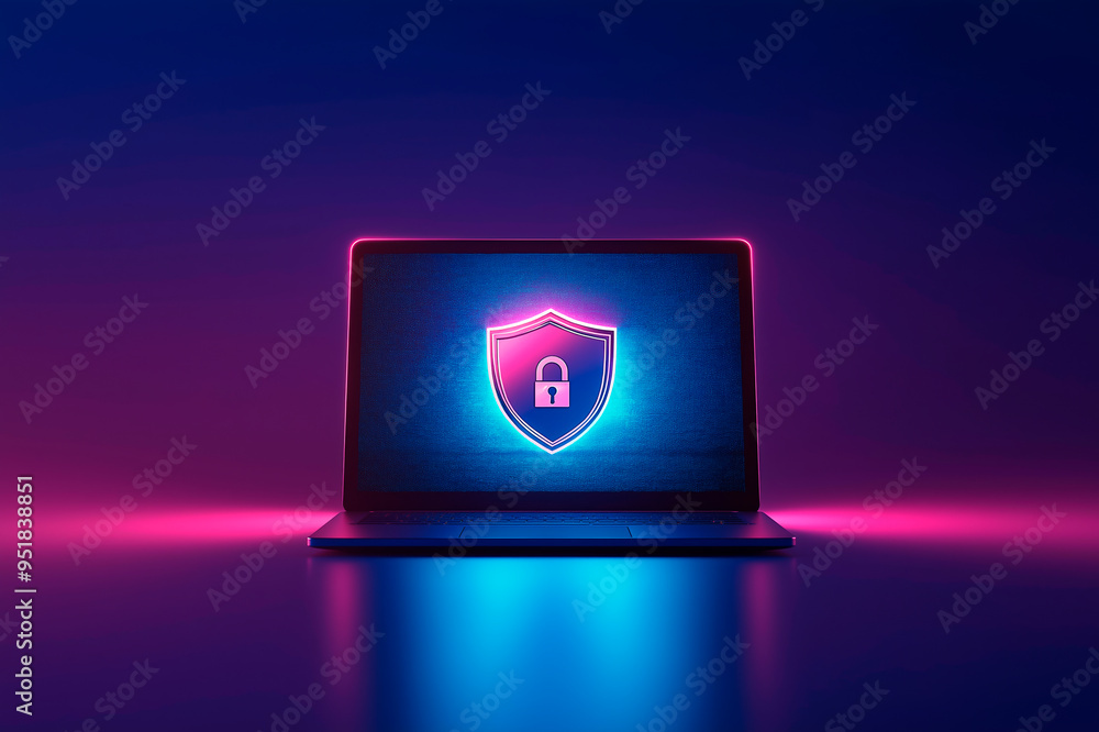 Poster neon lock symbol on laptop screen representing cybersecurity and protection in dark background. ai g