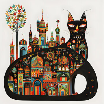 A colorful cat with whimsical cityscape features nestled among vibrant trees and buildings in a fantasy setting