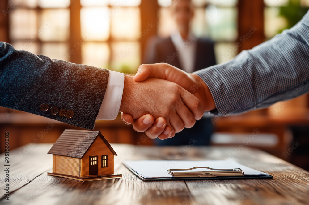 Poster handshake between businessmen over a house model and contract in an office setting.
