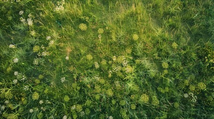 A close-up aerial shot captures the rich textures of a vibrant green meadow with various wildflowers scattered throughout, depicting natural beauty.