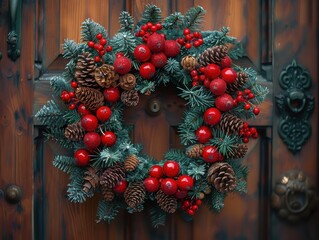 Beautiful holiday wreath adorned with red ornaments, pine cones, and greenery, perfect for festive home decoration.