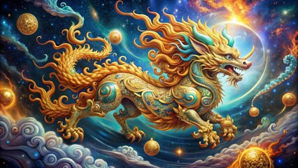 Fototapeta premium Celestial Guardian A Golden Lion Soaring Through the Cosmos, Digital Painting, Mythical Creature, Fantasy Art, Chinese Mythology , lion, guardian