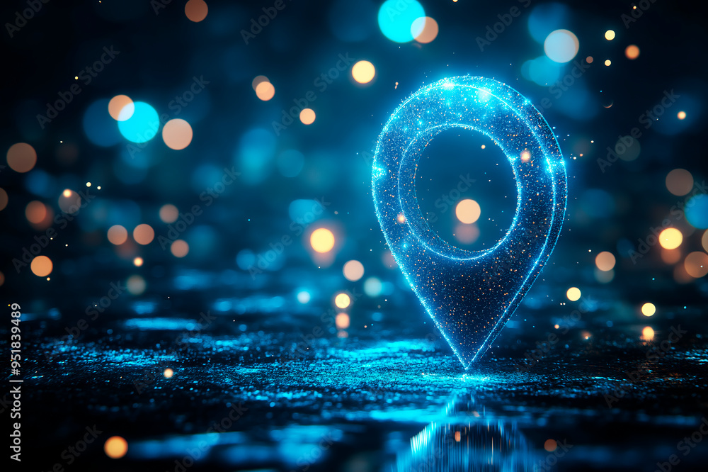 Poster glowing location pin symbol on a dark, bokeh background. ai generative.