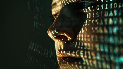Close-up of a face overlaid with digital code, symbolizing the fusion of human and technology in a digital age.