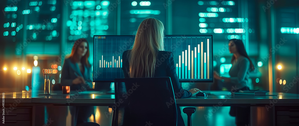Poster businesswoman analyzing data on a computer screen in a modern office at night, surrounded by two col