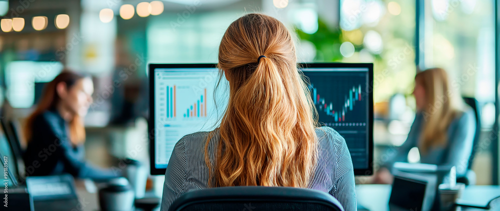 Poster woman analyzing financial charts on a computer in a modern office environment.