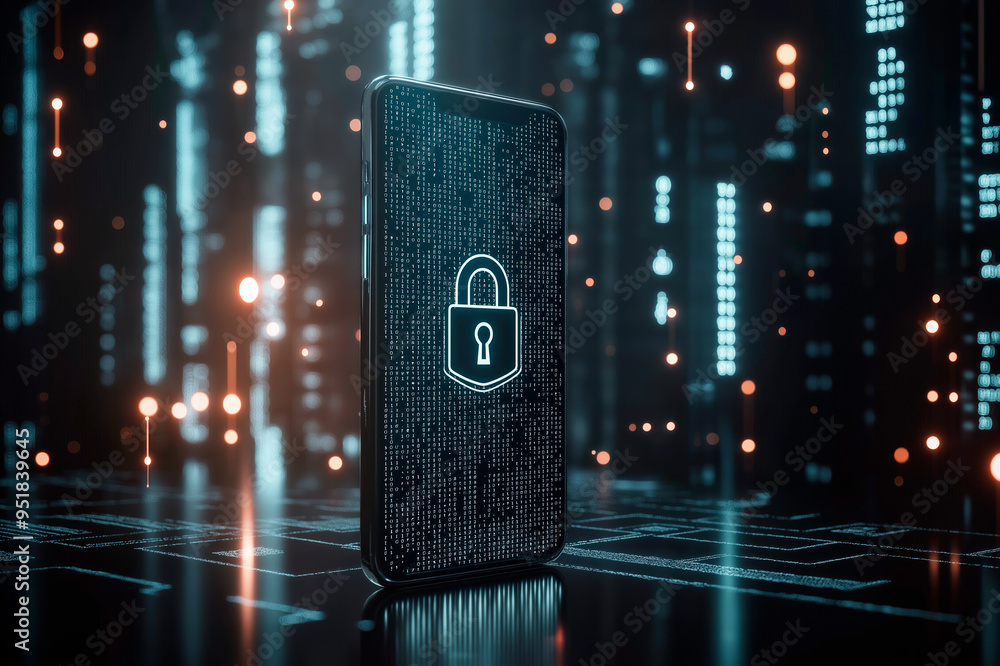 Poster Smartphone with security lock icon on digital background representing cybersecurity protection.