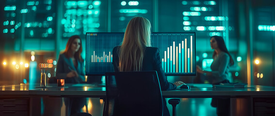 Businesswoman analyzing data on a computer screen in a modern office at night, surrounded by two colleagues in a cityscape background.