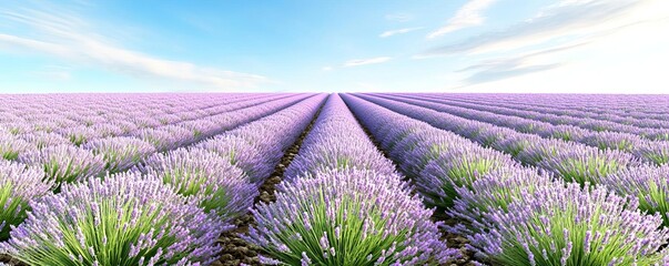 Obraz premium Lavender fields in bloom, endless purple rows under a clear blue sky, conveying relaxation, serenity, and natural beauty