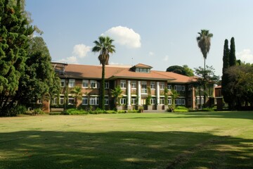 Large brick university building with columns is standing on a green lawn on a sunny day