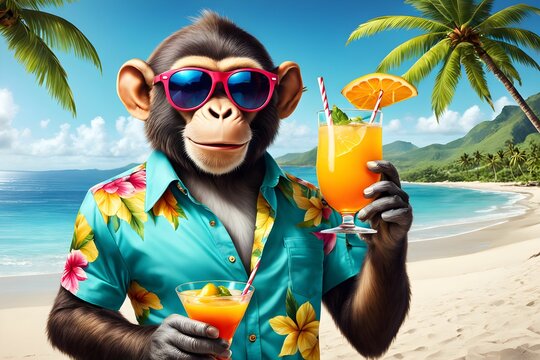 monkey chimpanzee on the beach with cocktail drinks on a sunny day 