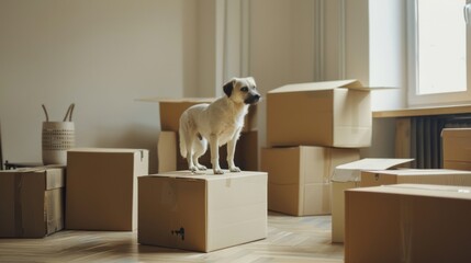 A small dog stands confidently atop a cardboard box surrounded by other boxes in a room with sunlight streaming through the window.