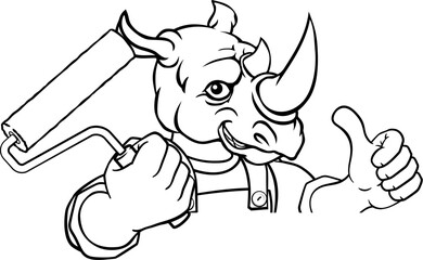 A rhino painter decorator handyman cartoon construction man mascot character holding a paint roller tool