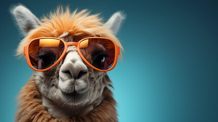 Fototapeta premium Lama with sun glasses on blue background. Close up head. Copy space. Funny animal promotion banner. Zoo flyer. Realistic photo generated by AI technology