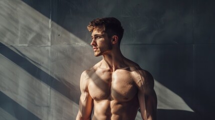A shirtless man stands in dramatic lighting, casting shadows on the wall as he looks thoughtfully into the distance.