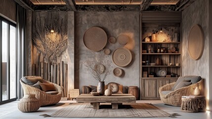 A living room with a natural wood coffee table, wall art, and bookshelves in the background