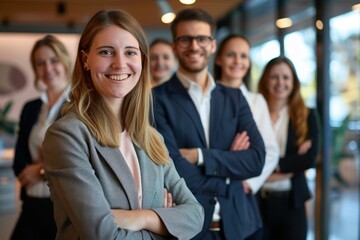 Businesswoman is smiling with her arms crossed with her team standing behind her