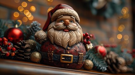 Charming Santa figurine surrounded by festive decorations, radiating holiday cheer and warmth, perfect for Christmas celebrations.