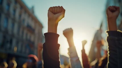Raised fists against a cityscape at sunset, symbolizing unity, strength, and collective empowerment of the people.