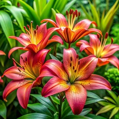Fototapeta premium Crimson and Gold Lily Bouquet, Close Up, Vibrant Colors, Floral Beauty, Flowers, Lilies, Nature