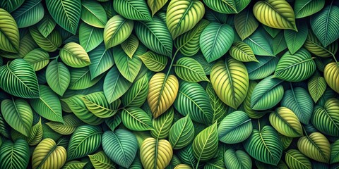 Dense Foliage Wall - Digital Painting of Green Leaves, lush , tropical , vibrant, greenery
