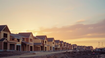 Fototapeta premium A row of new houses under construction at sunrise, illustrating growth and development in a serene suburb.