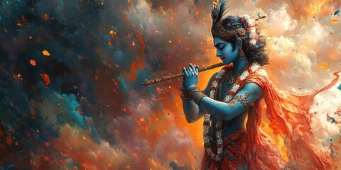 Divine Warrior: AI-Generated Watercolor of Krishna's Epic Battle. Abstract Cultural Art with Vibrant Blue-Orange Hues. Minimalist Composition for Spiritual Marketing, UI, and Graphic Design Projects.
