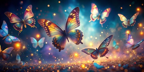 Enchanted Butterflies in a Glimmering Sky, digital art, butterflies, sparkles, fantasy, magical